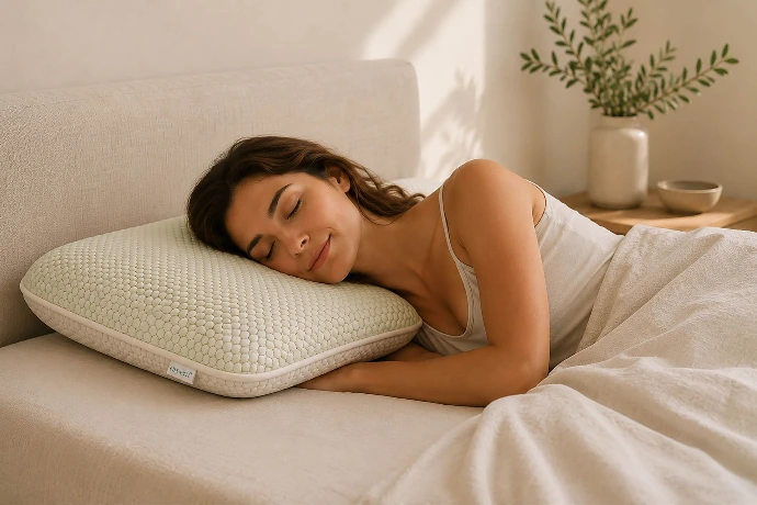 Woman resting on the Dreem pillow in a neutral tone bedroom
